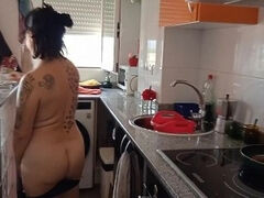 Nude Spanish stepmom cleans house!