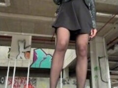 PEE, hairy pussy, high HEELS, leather jacket, mini skirt, ABANDONED build