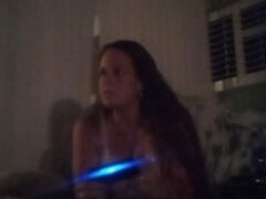 Gamer nerd girl playing video games and gets horny while she plays